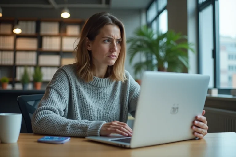 Femme frustrée devant un écran d'erreur de connexion webmail sur un ordinateur portable dans un bureau universitaire