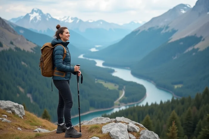 Femme souriante en randonnée en montagne avec veste technique