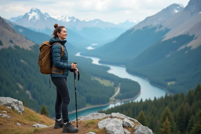 Femme souriante en randonnée en montagne avec veste technique