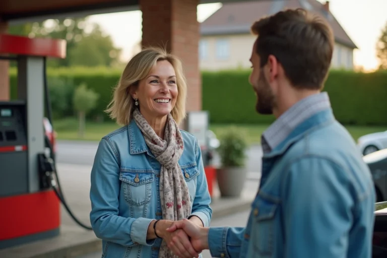 Femme souriante remettant un cheque à un pompiste à la station essence