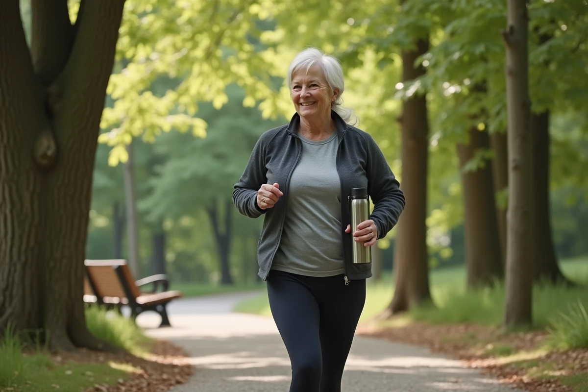 Femme senior active marchant dans un parc boisé
