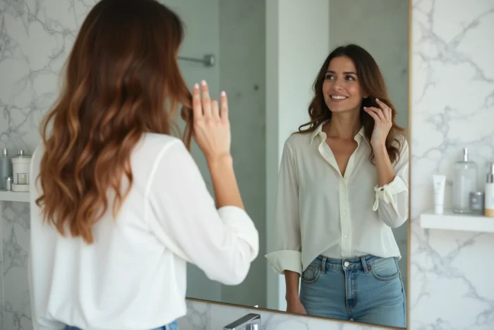 Femme souriante dans sa salle de bain moderne