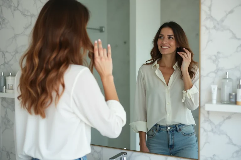 Femme souriante dans sa salle de bain moderne