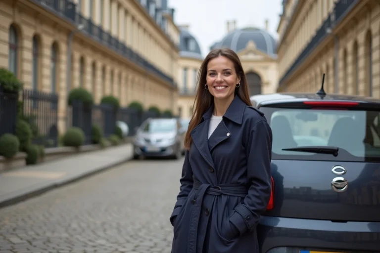 Femme souriante près de sa voiture à Versailles