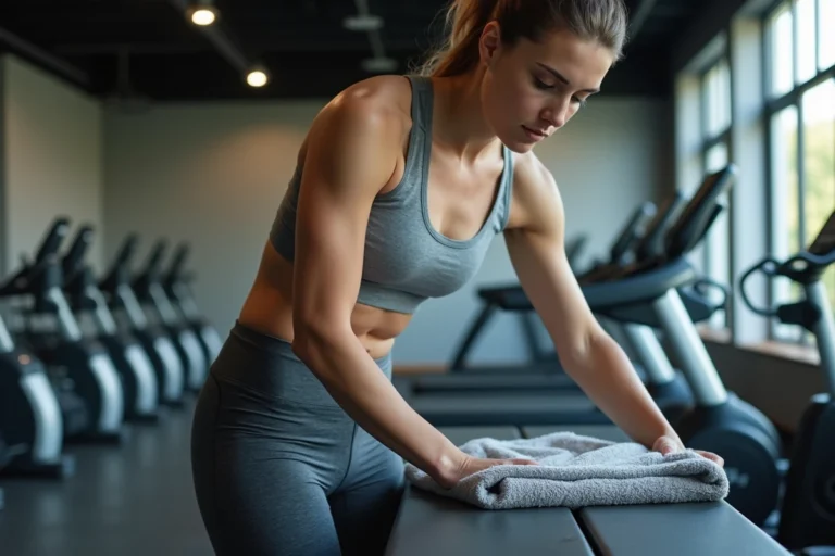 Jeune femme en tenue de sport préparant son équipement dans une salle de gym