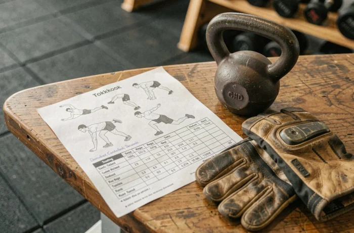 Fiche de séance kettlebell imprimée posée sur un banc de gym avec une kettlebell en fonte et des gants d'entraînement