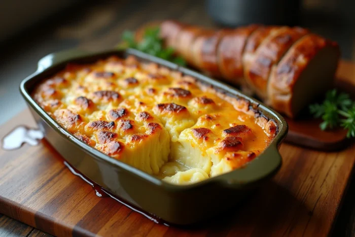 Un gratin dauphinois doré dans un plat en céramique et un rôti de porc en cuisson lente sur une planche à découper, prêts à être servis
