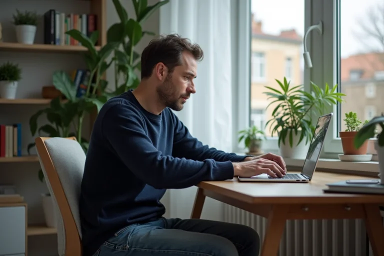 Homme d'âge moyen travaillant sur un ordinateur dans un bureau moderne