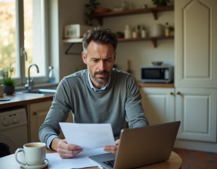 Un homme adulte examine des documents administratifs à la maison pour comprendre ses options légales concernant la responsabilité parentale