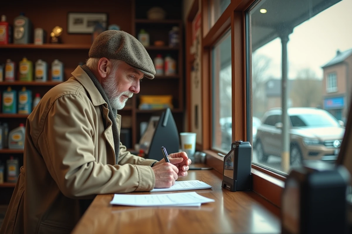 Homme âgé écrivant un cheque à la station service intérieure