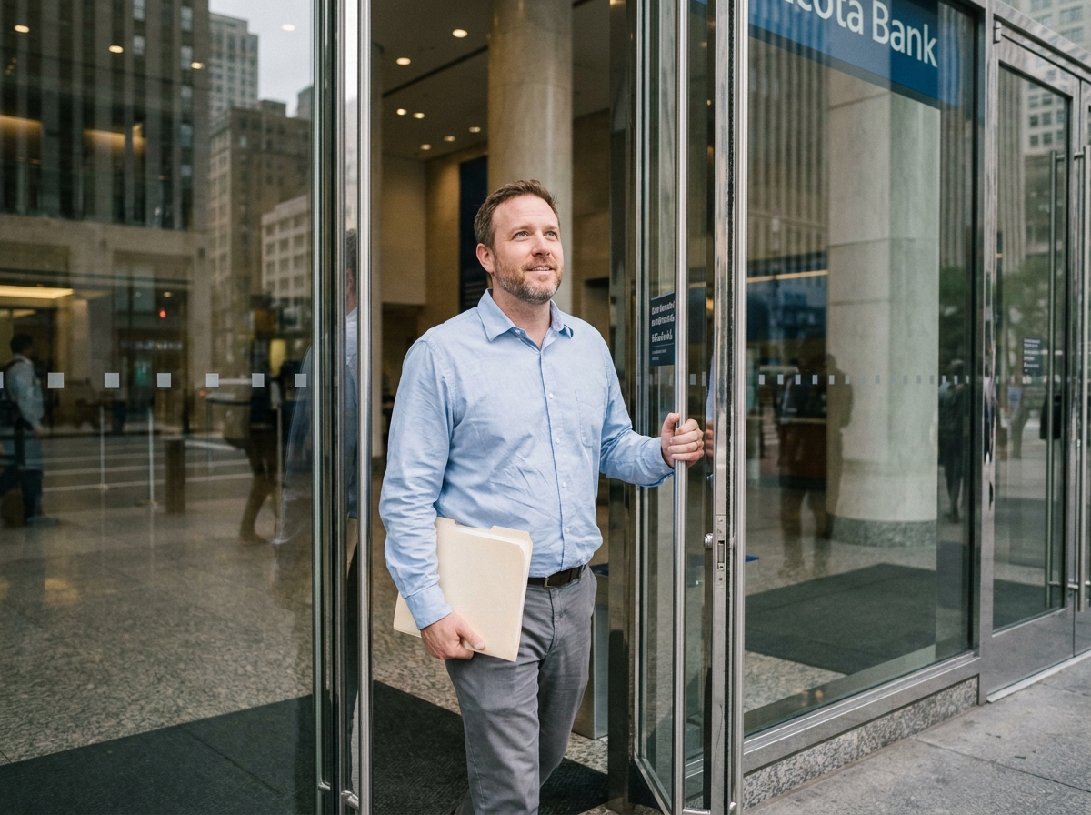 Homme entrant dans une banque moderne avec un dossier