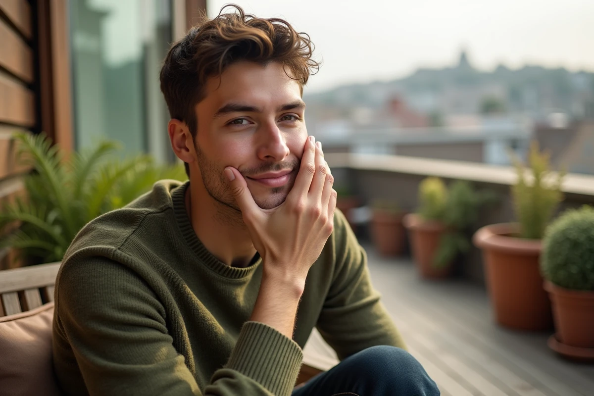 Jeune homme appliquant sa crème sur un balcon urbain