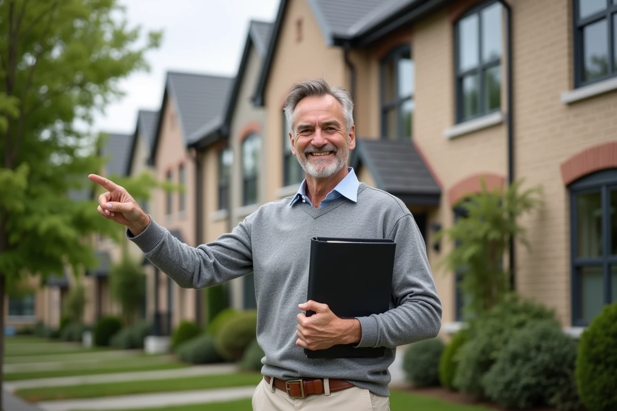 Homme souriant devant une maison dans un quartier résidentiel