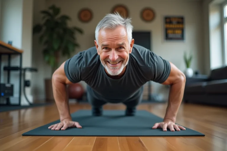 Homme senior en forme faisant un push-up à la maison