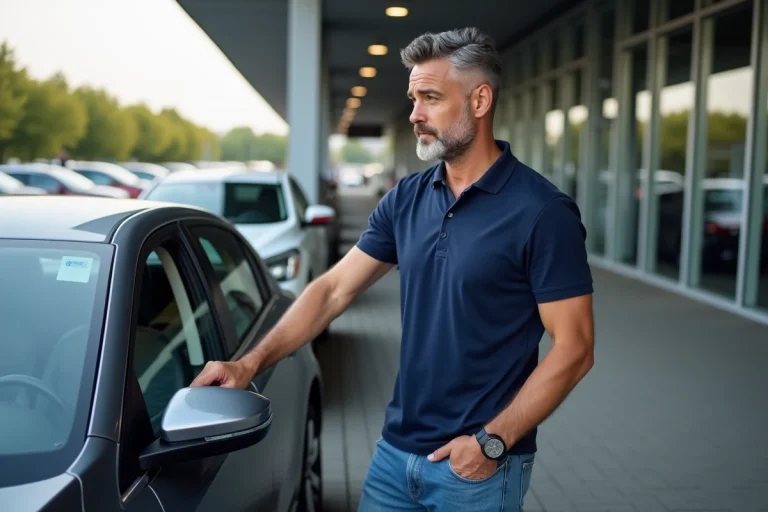 Homme en polo navy examine une voiture au depot
