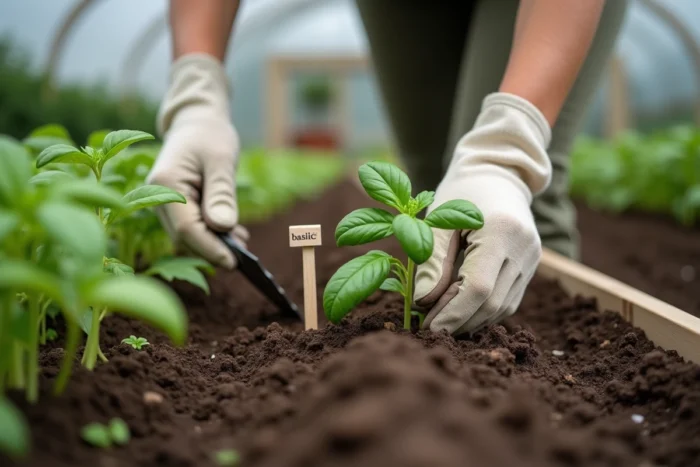 Jardinière replantant un plant de basilic loin des concombres dans un potager, illustrant les bonnes pratiques d'association végétale au jardin