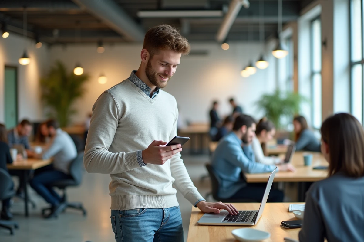 Jeune homme dans un espace de coworking avec smartphone