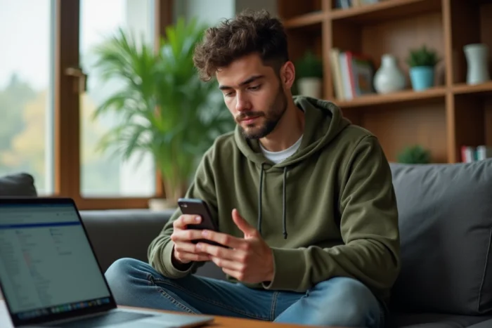 Jeune homme consultant un guide de dépannage webmail sur smartphone depuis son domicile