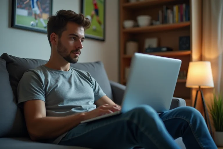 Jeune homme regardant un match de football sur son ordinateur portable