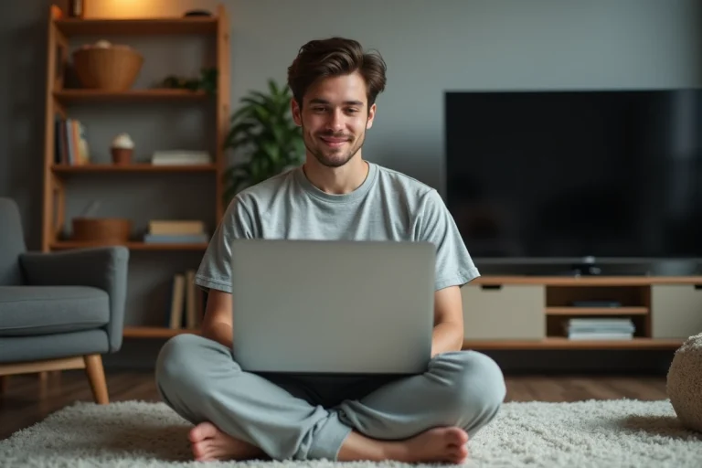 Jeune homme relaxe regardant un live sport sur son laptop