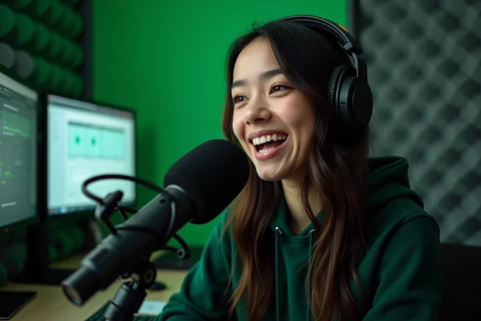 Jeune femme streameuse parlant dans un microphone professionnel dans une cabine de streaming avec panneaux acoustiques