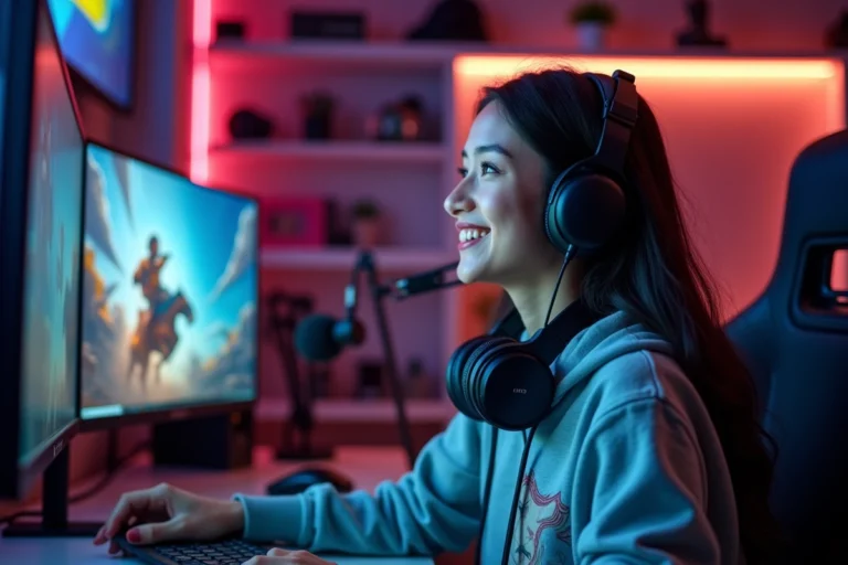 Jeune femme streameuse gaming assise devant un setup de streaming avec casque et microphone, souriante face à son écran