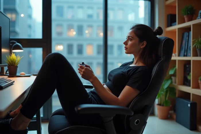 Streameuse gaming assise dans un fauteuil ergonomique tenant une manette de jeu dans un bureau moderne avec vue urbaine