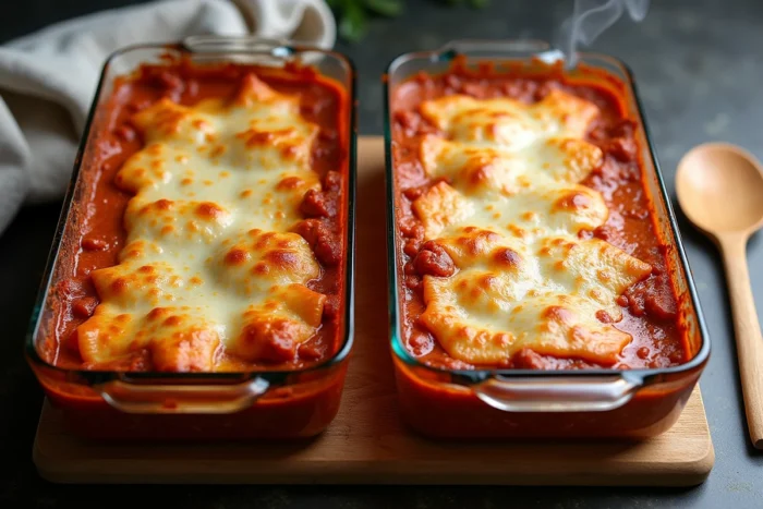 Deux grands plats à four de lasagnes bolognaises fraîchement cuites avec fromage gratiné et couches de sauce visibles