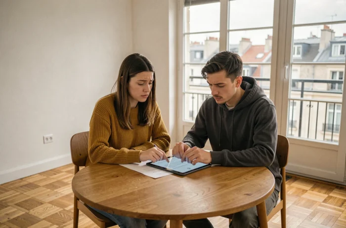 Jeune couple consultant un contrat de location dans un appartement vide à Lyon