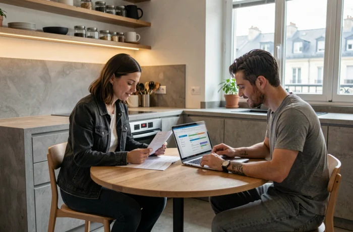 Couple de locataires étudiant des documents de location dans un appartement moderne à Lyon