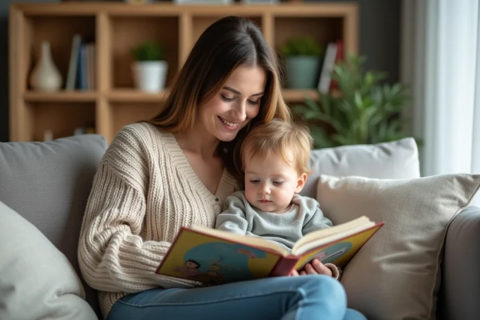 Femme et enfant lisant un livre dans un salon chaleureux