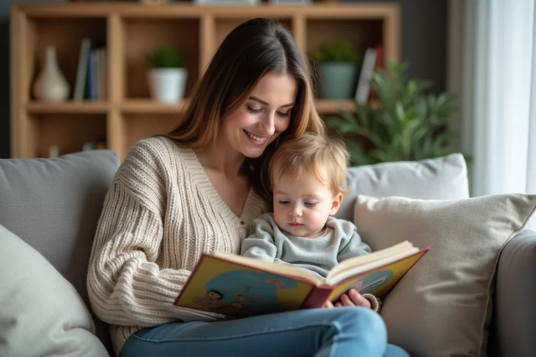 Femme et enfant lisant un livre dans un salon chaleureux