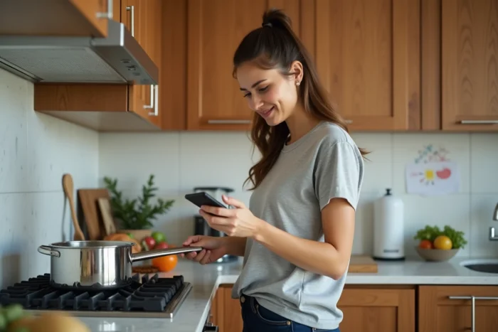 Maman multitâche dans sa cuisine moderne, consultant son smartphone tout en préparant le repas familial