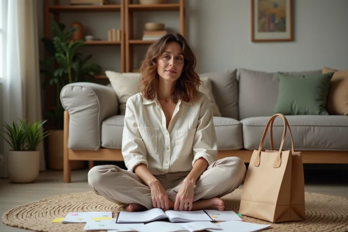 Maman organisée assise sur le sol du salon entourée d'un agenda et de notes pour planifier le quotidien familial