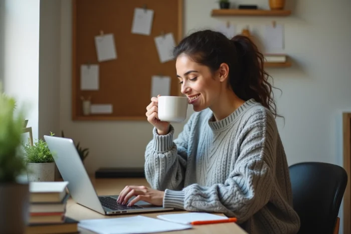 Maman souriante travaillant depuis son coin bureau à domicile avec un ordinateur portable et une tasse de café