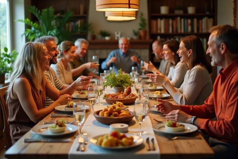 Une grande table dressée pour dix amis dans une salle à manger chaleureuse et conviviale, avec des plats rustiques partagés et des verres de vin