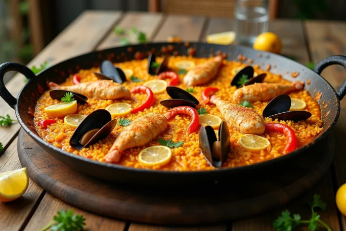 Une grande poêle à paella garnie de poulet, crevettes, moules et riz saffrané avec une croûte socarrat dorée sur les bords