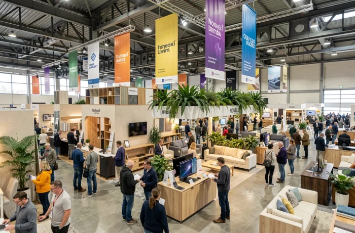 Vue panoramique du salon Habitat Expo avec visiteurs découvrant les tendances en mobilier et design intérieur biophilique