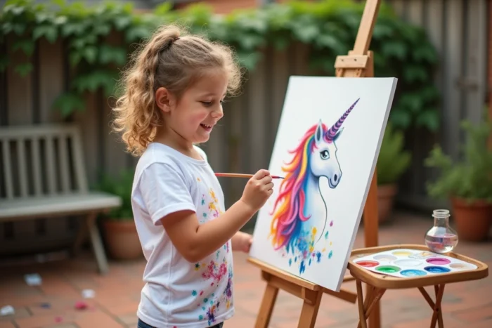 Petite fille peignant une licorne aquarelle sur un chevalet dans un jardin, tablier tâché de couleurs vives