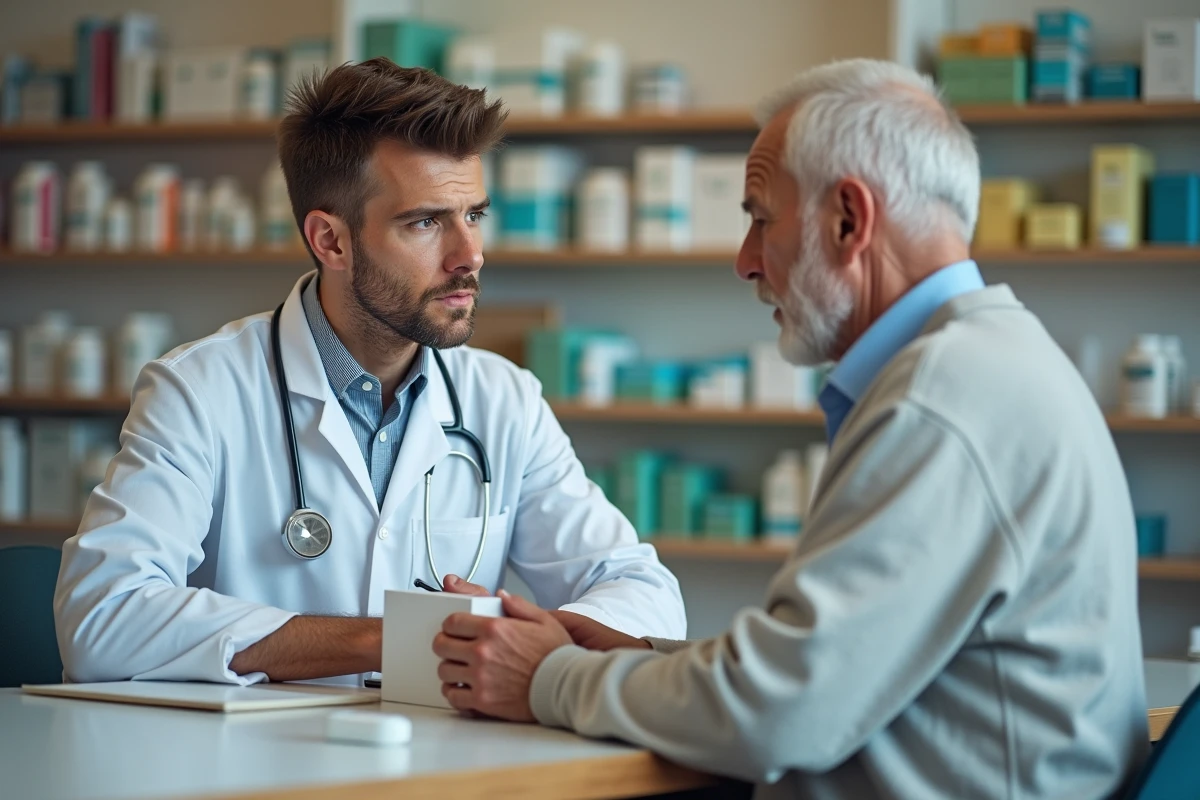 Pharmacien conseillant un client âgé au comptoir