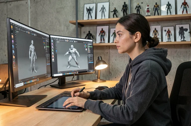 Professionnelle de l'animation 3D travaillant sur des modèles de personnages dans un studio créatif moderne