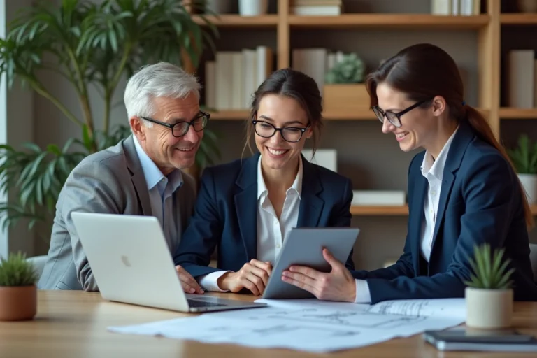 Femme professionnelle en réunion avec un couple pour un projet immobilier