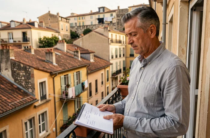 Propriétaire calculant le loyer de son bien immobilier sur un balcon à Lyon Croix-Rousse