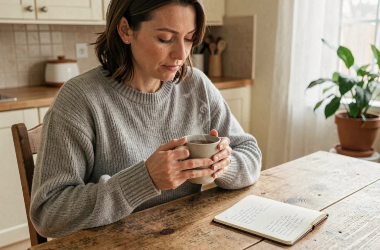 Femme se soignant naturellement avec une tisane chaude dans une cuisine cosy, illustrant le bien-être et les remèdes naturels contre les maladies courantes