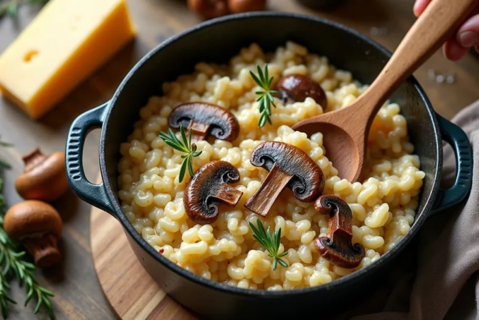 Une grande cocotte en fonte remplie de risotto crémeux aux champignons avec du parmesan râpé et du thym frais