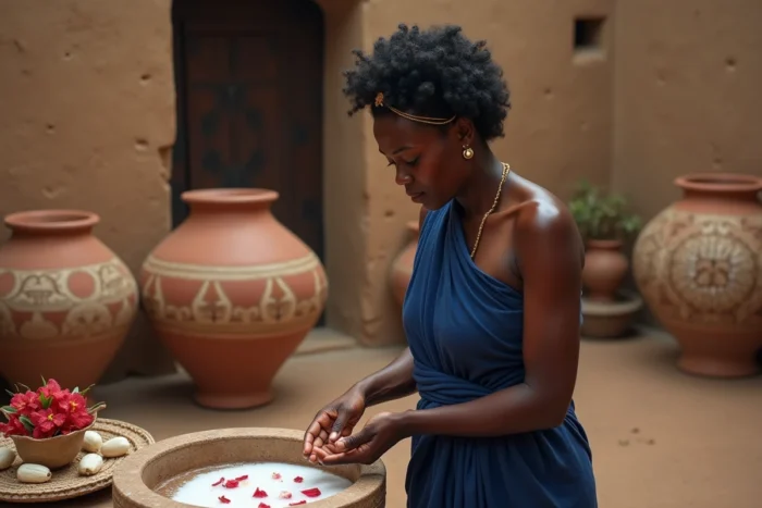 Femme réalisant un bain de lait et d'hibiscus inspiré des rituels de beauté africains traditionnels