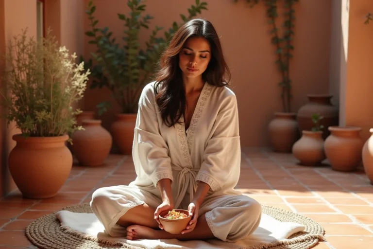 Femme appliquant de l'huile d'argan selon un rituel de beauté ancestral dans un patio marocain en terre cuite