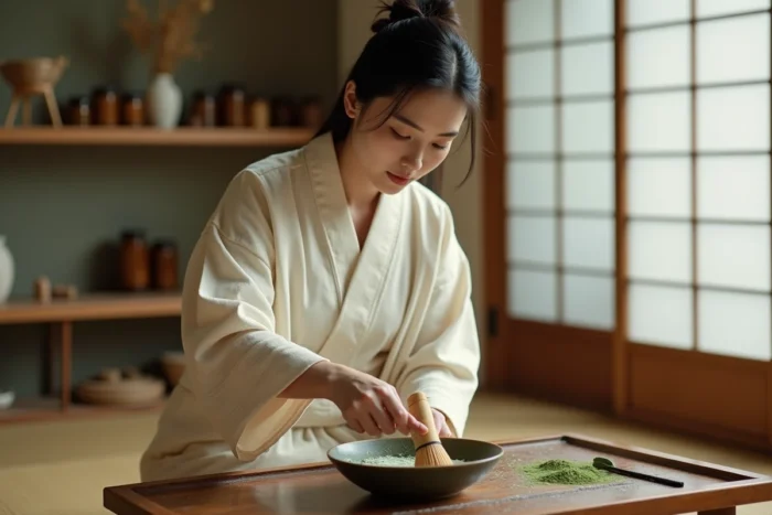 Femme japonaise préparant un masque ancestral à l'argile blanche et au thé vert dans un intérieur traditionnel