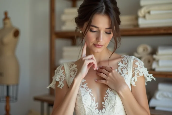 Mariée touchant délicatement sa robe en dentelle Chantilly dans un atelier de couture parisien