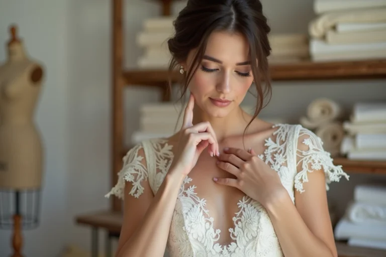 Mariée touchant délicatement sa robe en dentelle Chantilly dans un atelier de couture parisien